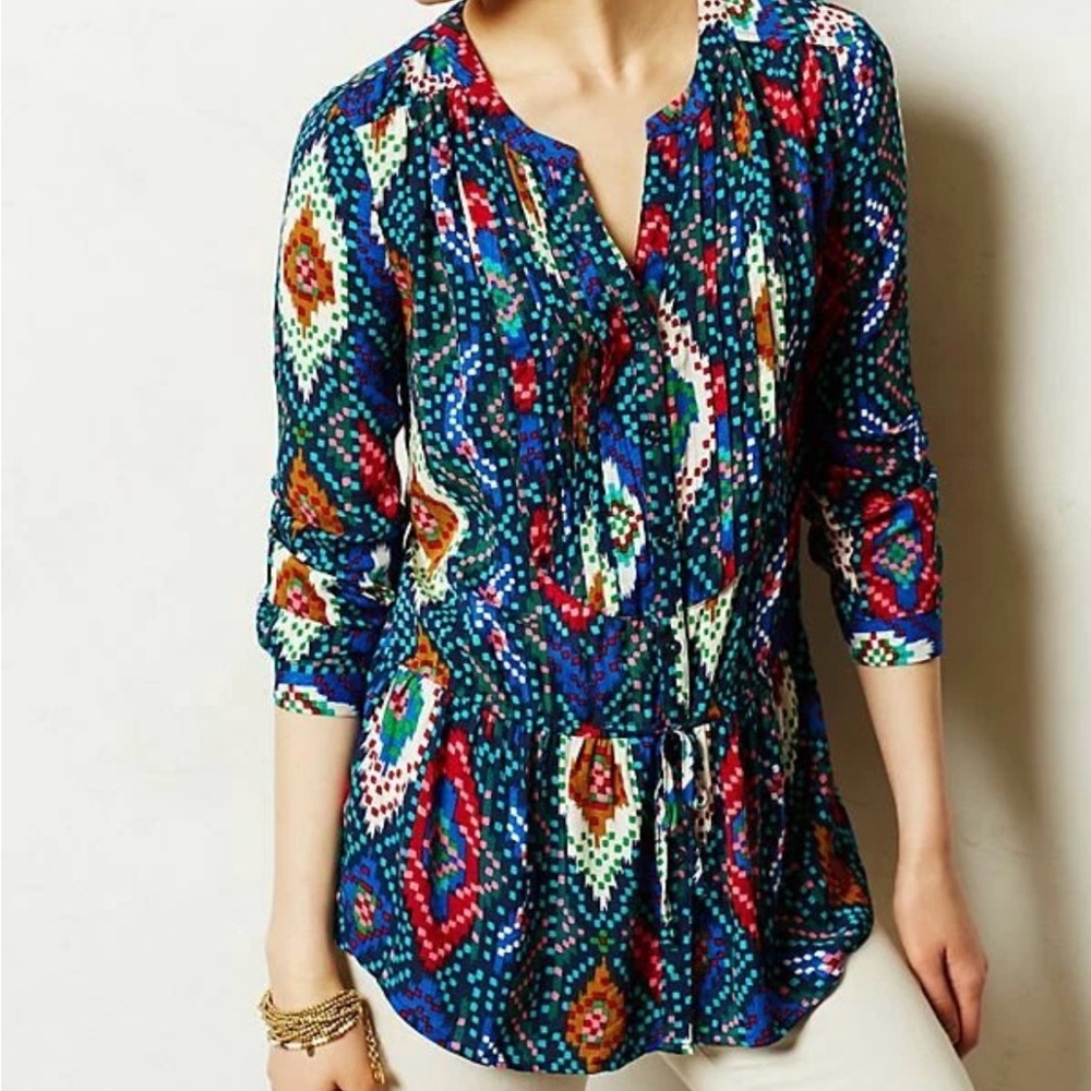 Maeve Anthropologie Topoxte Geometric Ikat Button Front Blouse Shirt Size 10